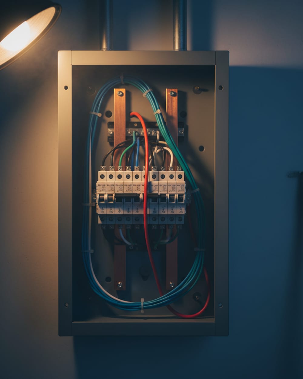 Close-up of an organized residential electrical panel with color-coded wiring, photographed in moody low-light with a single red breaker as the focal point